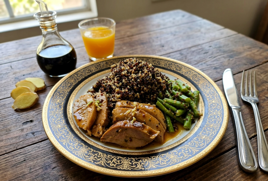 Orange Glazed Duck - Chili Garlic Green Beans & Tricolour Quinoa