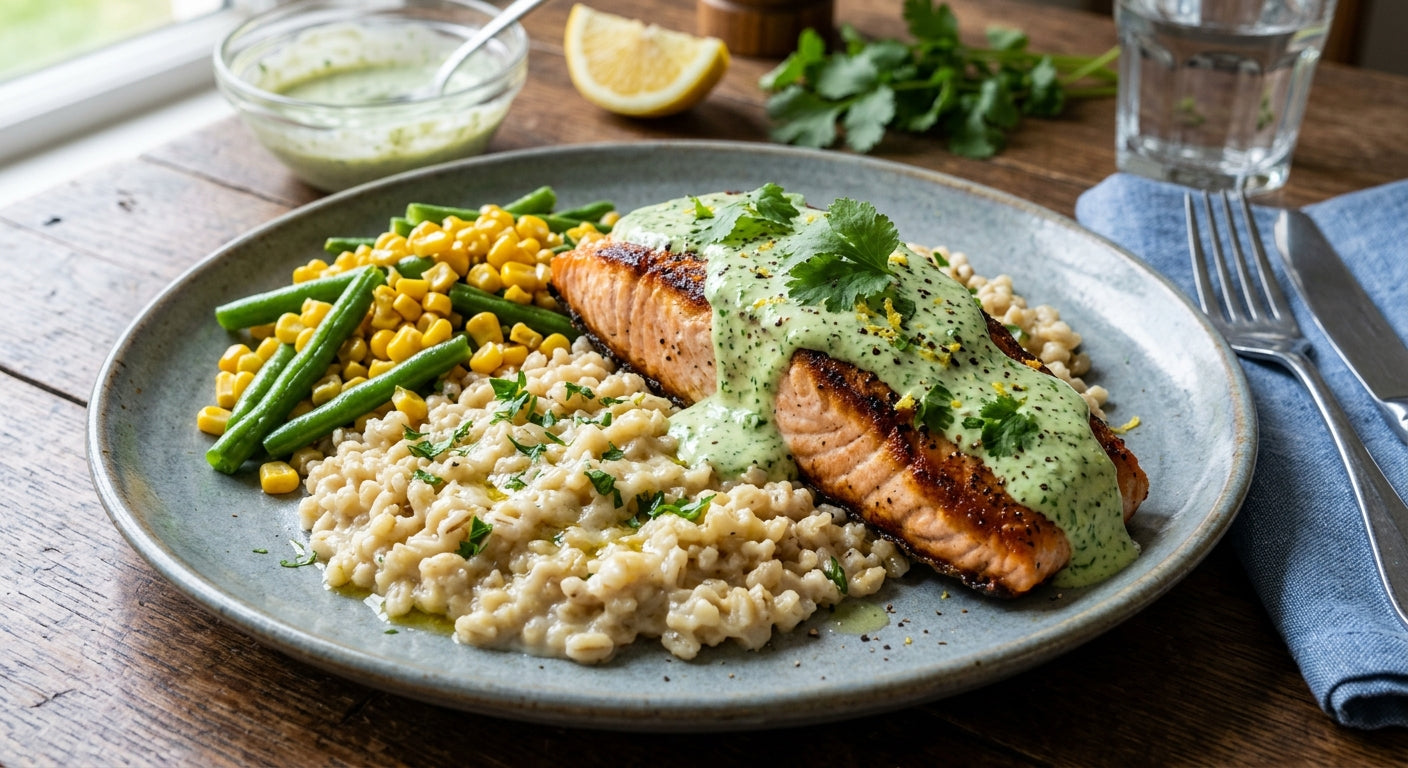 Coriander Yogurt Salmon - Pearl Barley, Long Beans & Corn