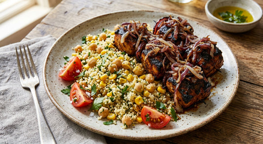 Smoky Charred Onion Chicken - Couscous & Chickpea Corn