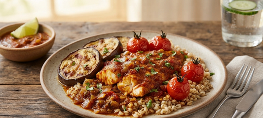 Tomato Curry Stingray - Pearl Barley & Eggplant Cherry Tomato