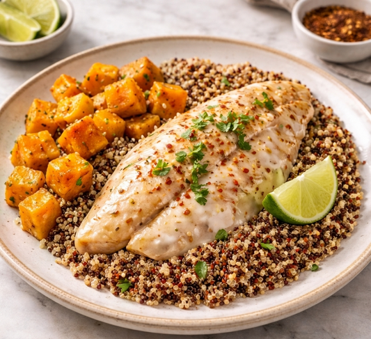 Silken Coconut Fish - Tricolour Quinoa & Pumpkin