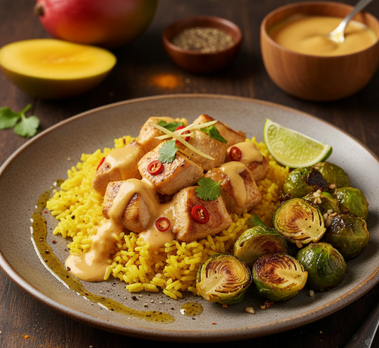 Middle Eastern Creamy Mango Chicken - Golden Turmeric Rice & Cajun Brussel Sprouts