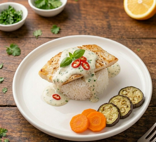 Velvety Green Curry Tilapia with Carrot & Eggplant Mélange - Fluffy Rice