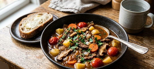 Rustic Beef Stew - Potatoes, Carrot, Tomatoes, Shiitake Mushrooms & Onion