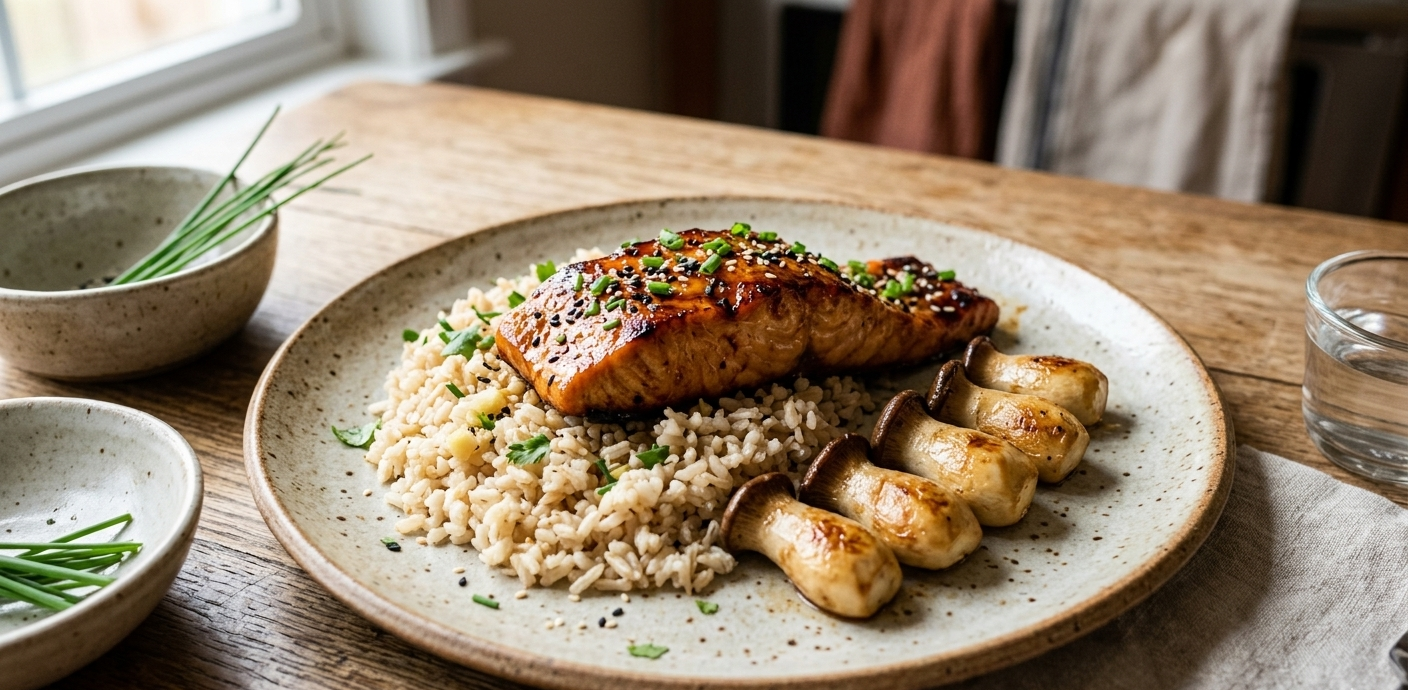 Tamarind Glazed Salmon - Brown Rice & King Oyster Mushrooms