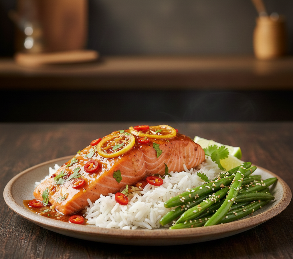 Fire & Zest Salmon - Fluffy Rice & Miso Long Beans