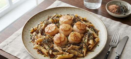 Dashi Scallops - Penne & Enoki Mushrooms Kelp