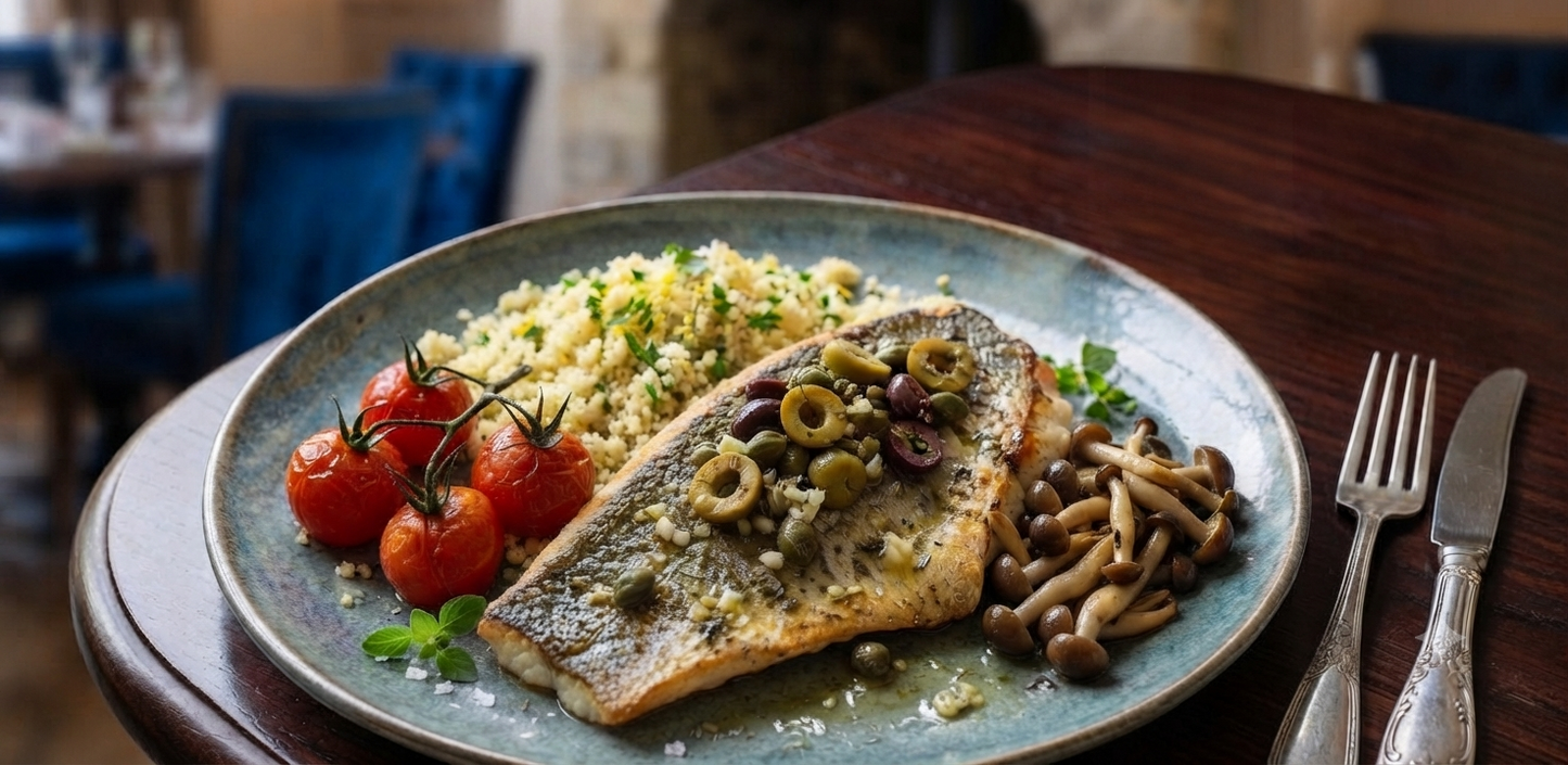 Mediterranean Barramundi - Herb Couscous & Shimeji Mushrooms Cherry Tomatoes