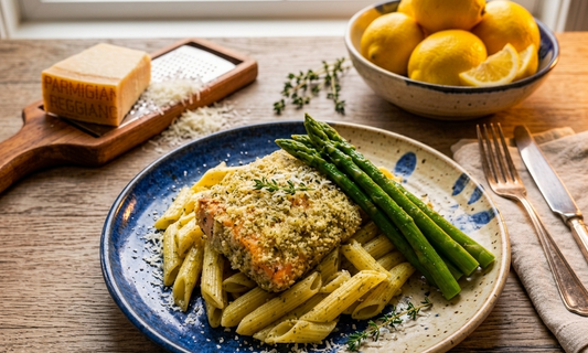 Parmesan Crusted Salmon - Lemon Herb Penne & Asparagus