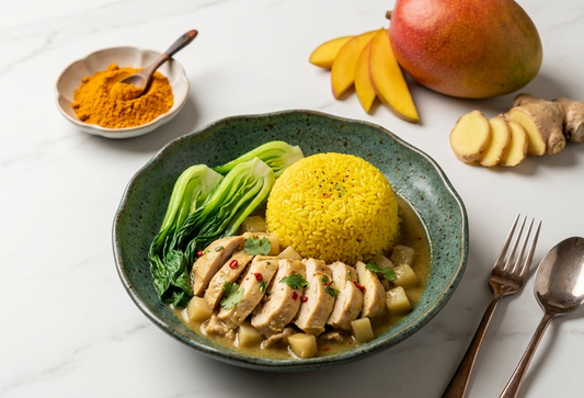 Middle Eastern Creamy Mango Chicken - Golden Turmeric Rice & Garlic Bok Choy