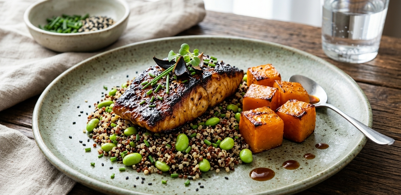 Black Garlic Miso Barramundi with Tricolour Quinoa, Edamame & Pumpkin