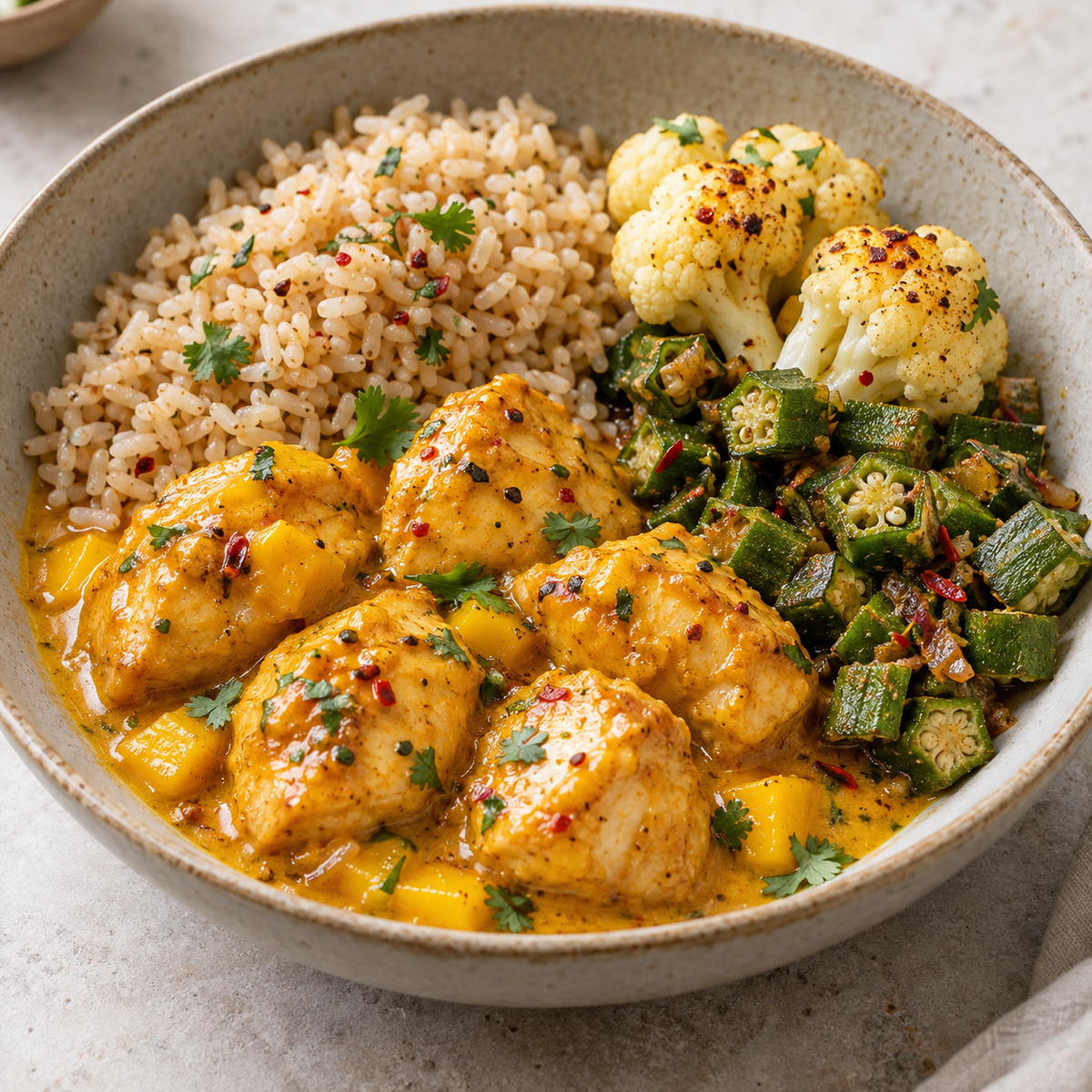 Mango Chicken - Brown Rice, Cauliflower & Lady's Finger