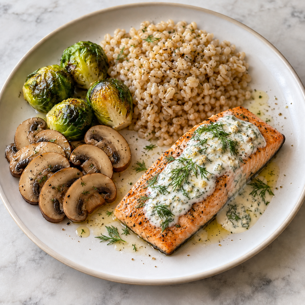Dill Yogurt Salmon - Pearl Barley, Brussels Sprouts & Mushroom