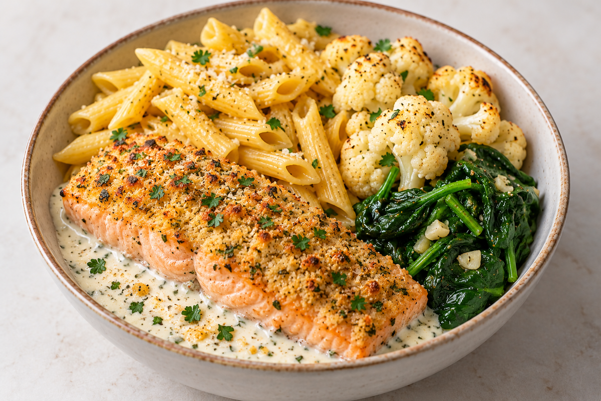 Parmesan Herb Salmon - Penne, Cauliflower & Spinach
