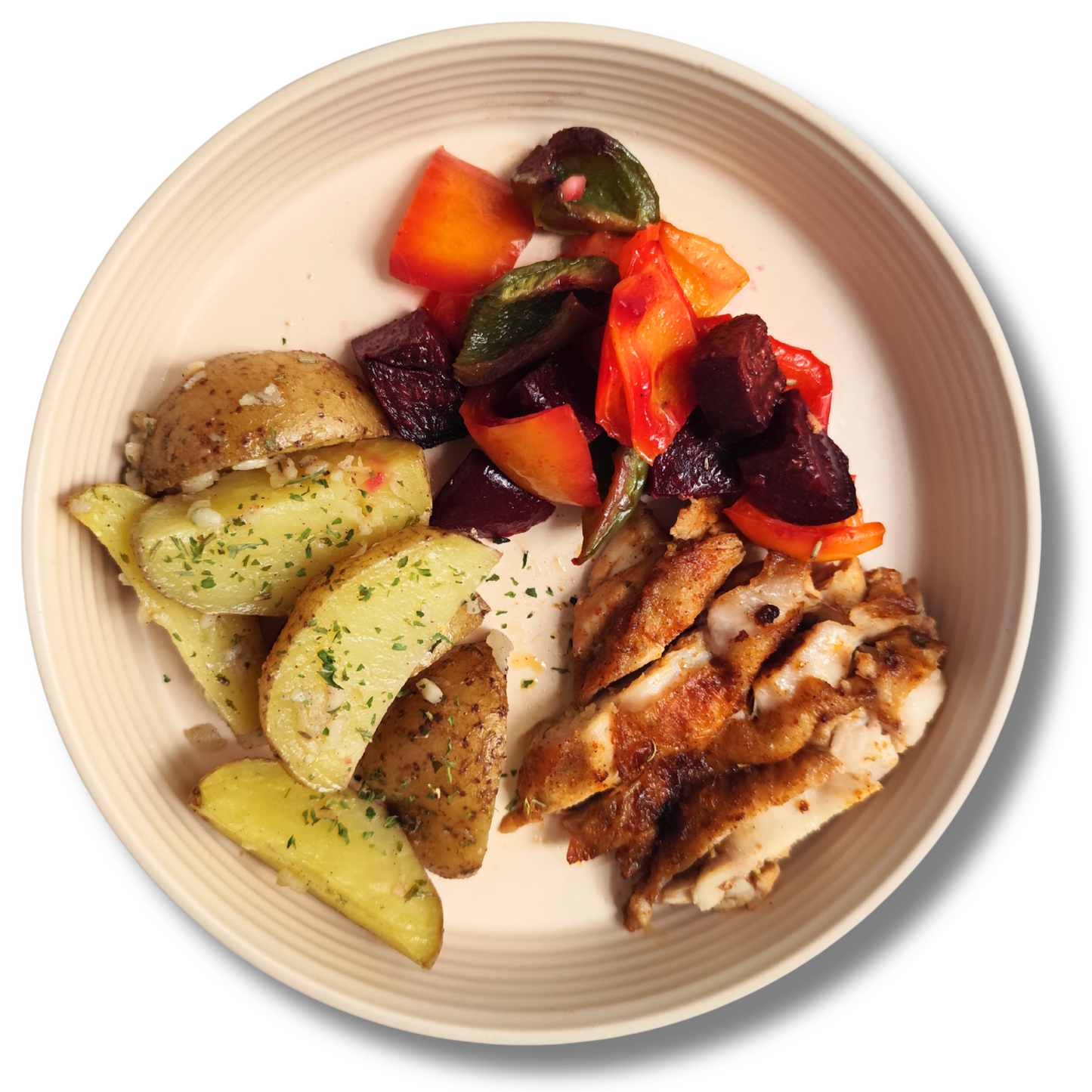 Savory Cajun Chicken - Garlic Herb Baby Potatoes & Roasted Beet-Pepper Medley