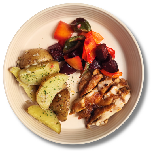 Savory Cajun Chicken - Garlic Herb Baby Potatoes & Roasted Beet-Pepper Medley