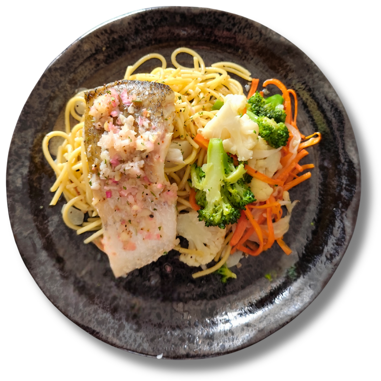 Citrus Glazed Seabass - Aglio Olio & Rainbow Veggies