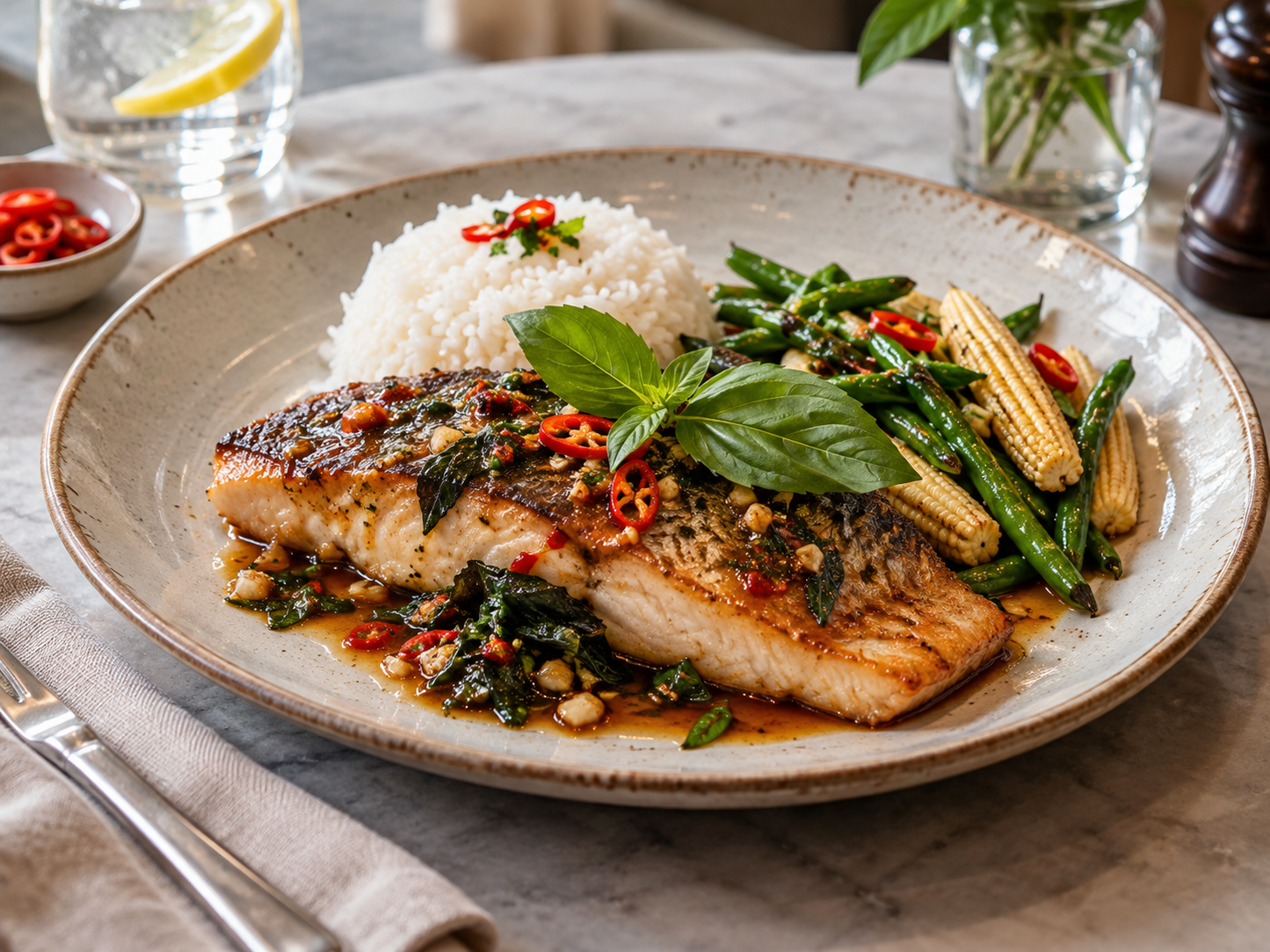 Thai Basil Barramundi - Jasmine Rice, Long Beans & Baby Corn