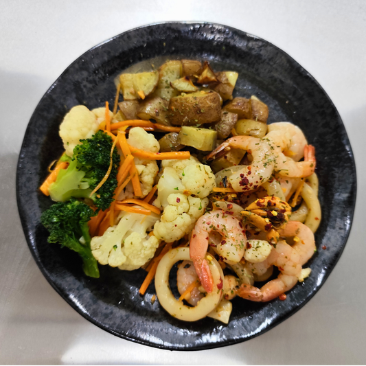 Chimichurri Seafood - Garlic Herb Potatoes & Garden Medley
