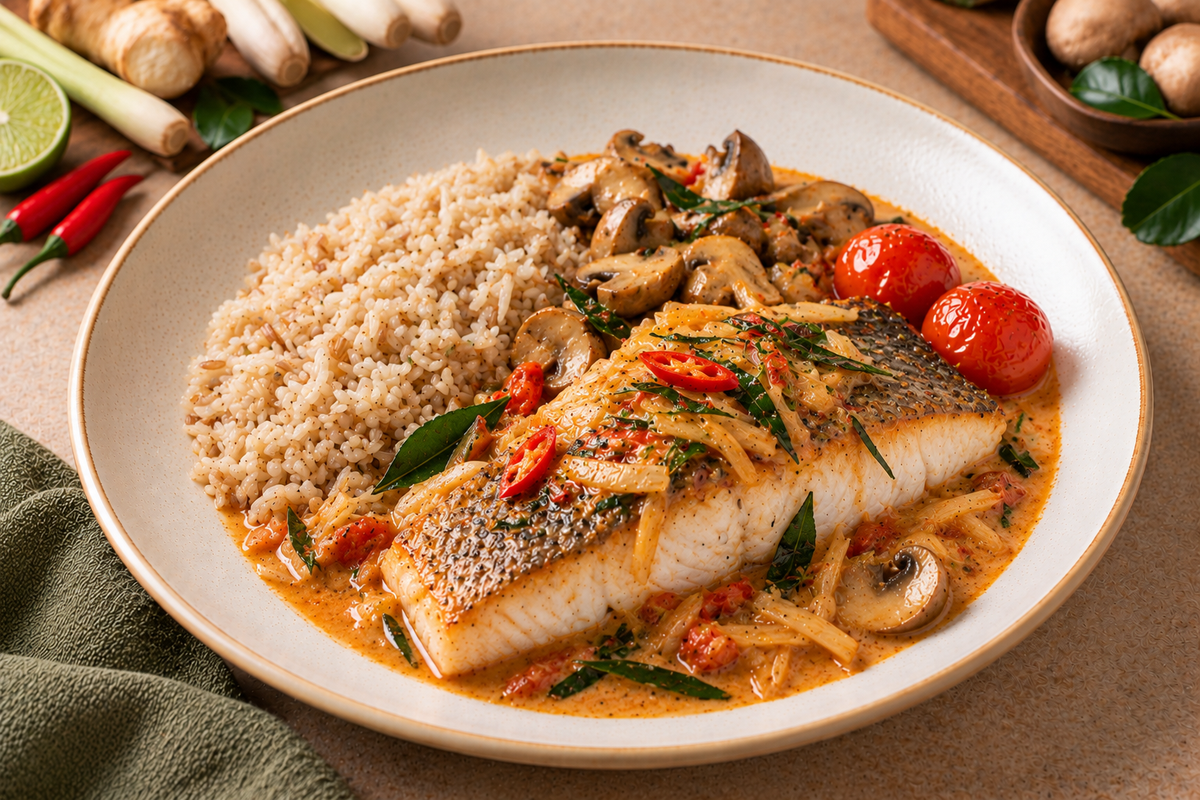 Tom Yum Barramundi - Brown Rice, Button Mushroom & Cherry Tomato
