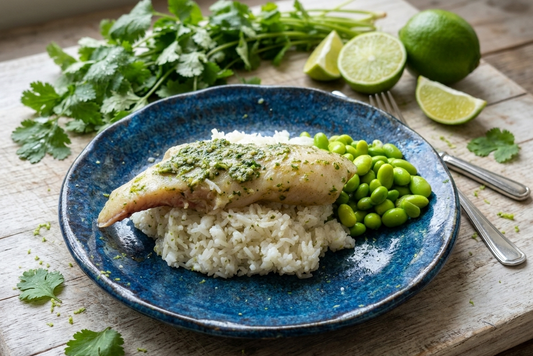 Cilantro Lime Fish - Fluffy Rice & Edamame