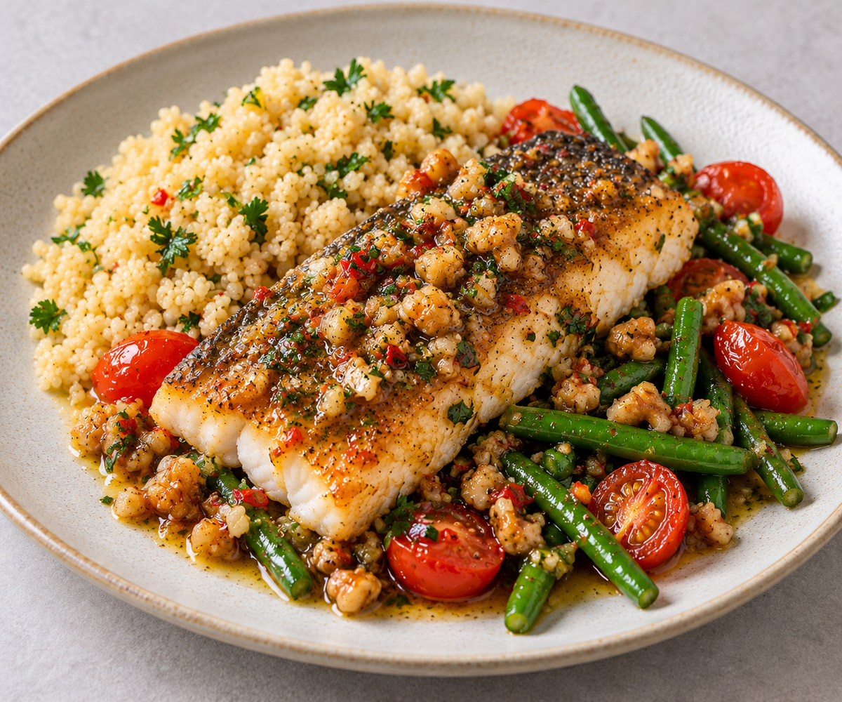Walnut Lemon Barramundi - Couscous, Long Beans & Cherry Tomato