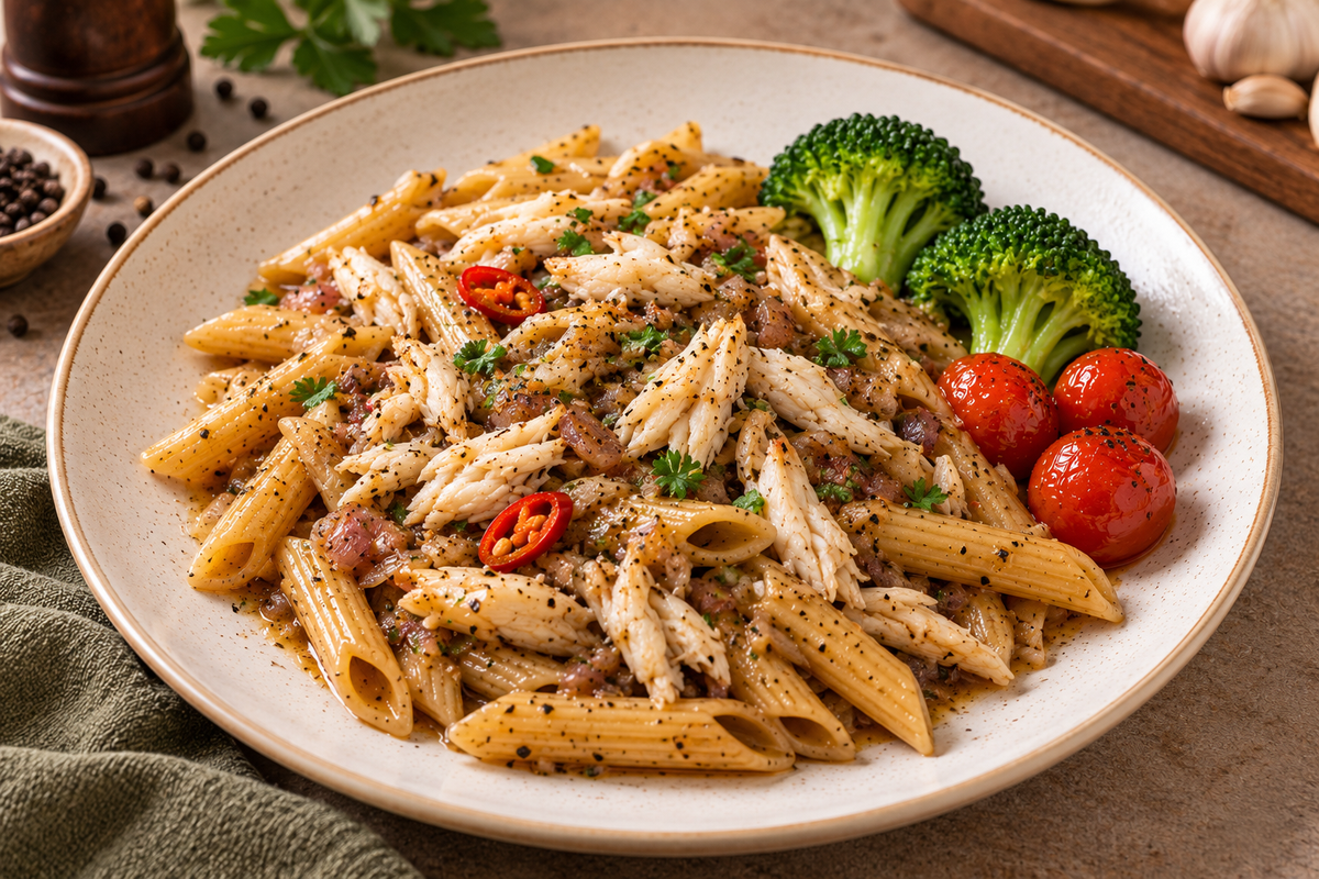Black Pepper Crab Pasta - Penne, Broccoli & Cherry Tomato