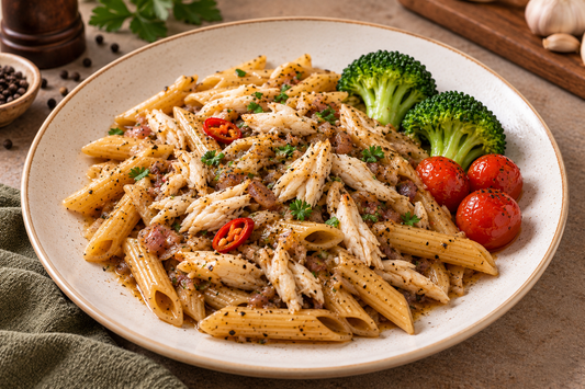 Black Pepper Crab Pasta - Penne, Broccoli & Cherry Tomato