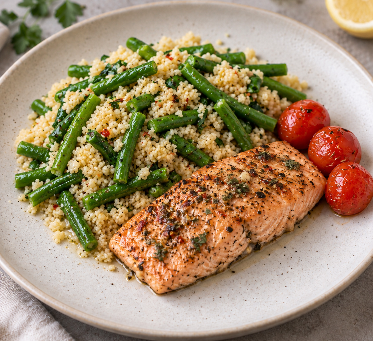 Creamy Tuscan Salmon - Couscous, Long Beans & Cherry Tomatoes