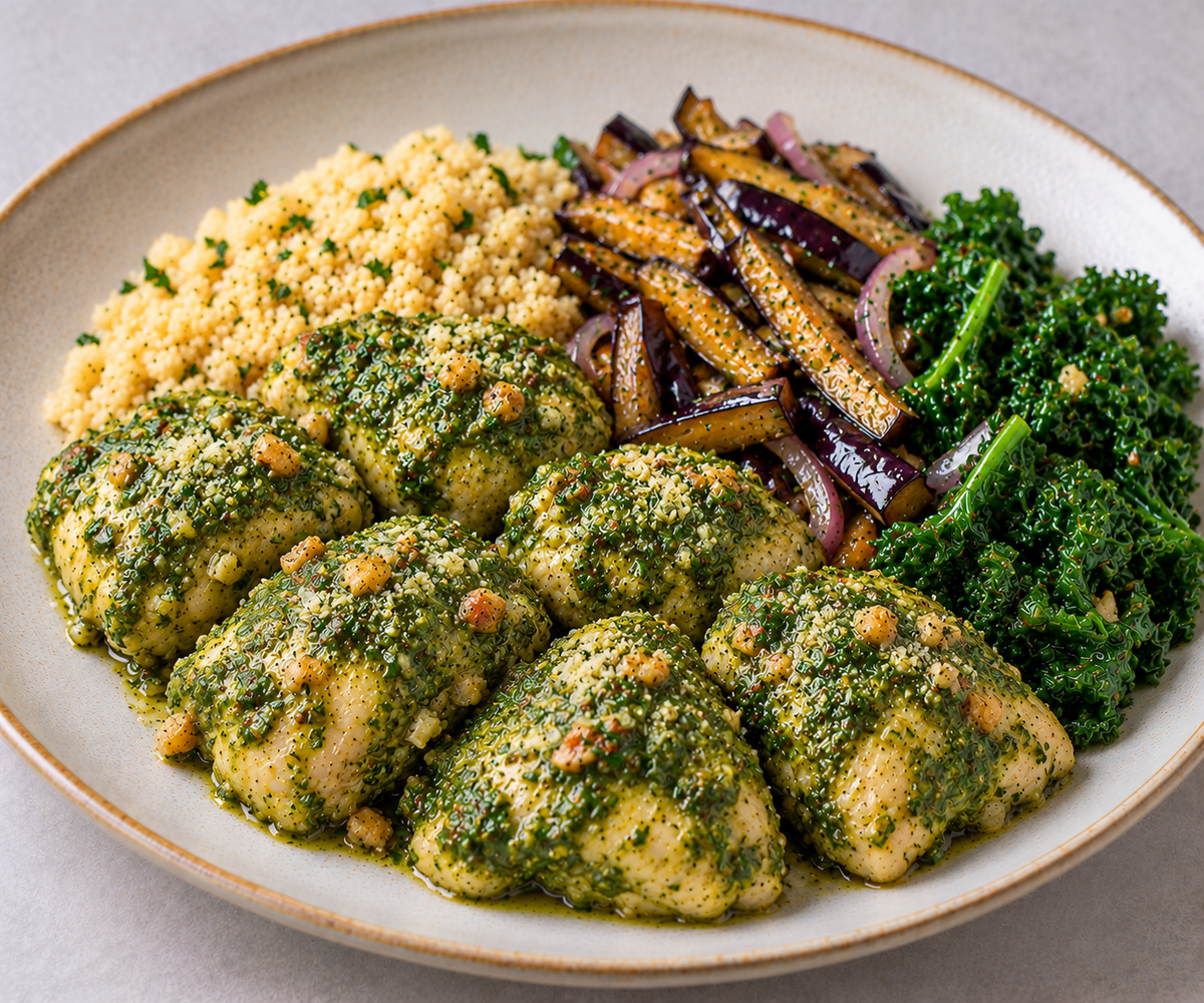 Pesto Chicken - Couscous, Eggplant & Kale