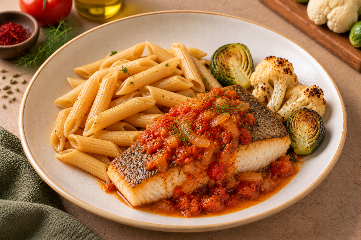Saffron Tomato Barramundi - Penne, Brussels Sprouts & Cauliflower